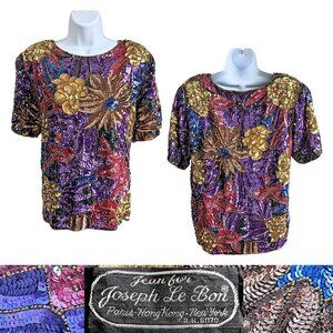Vtg 80s Jean for JOSEPH LE BON 100% Silk Gold Purple SS Beaded Evening Top Sz L